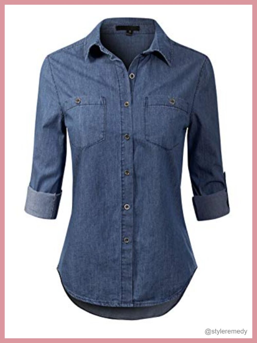 Design by Olivia Chambray Denim Button Down Shirt Roll Up Sleeve Slim Fit